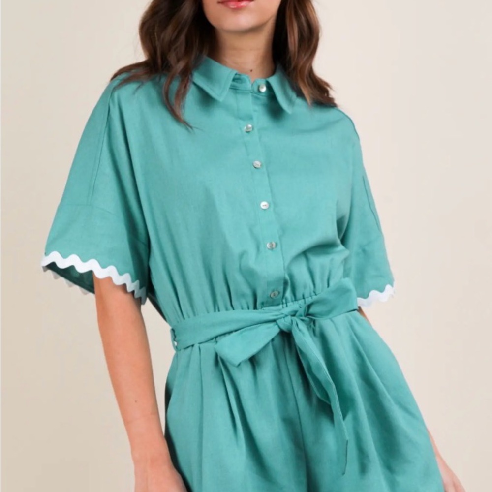 Teal Button-Up Romper with White Trim NWT - Picture 3 of 4